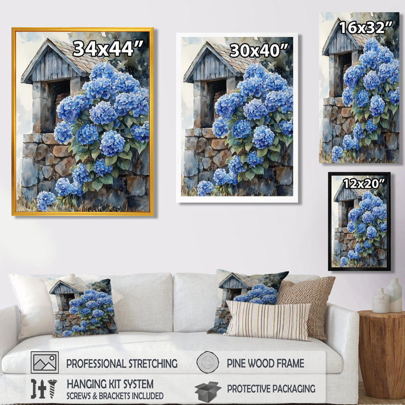 «Hydrangeas By The Farm Well I - Hydrangea», reproduction sur toile encadrée, H 44 po x l 34 po, Noir