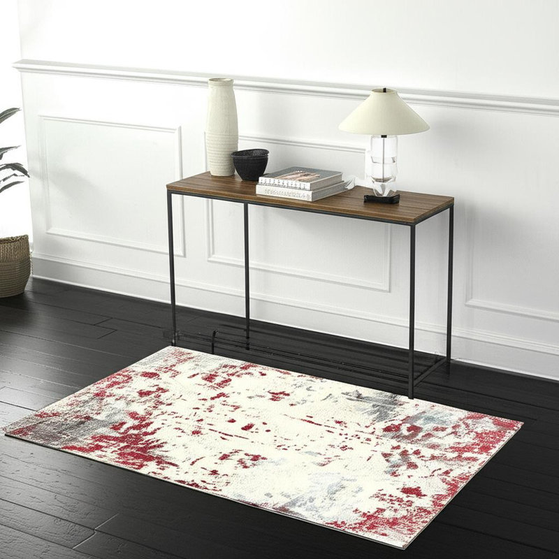 Tapis rouge et gris à motif abstrait moderne, Rectangle 4 pi x 6 pi