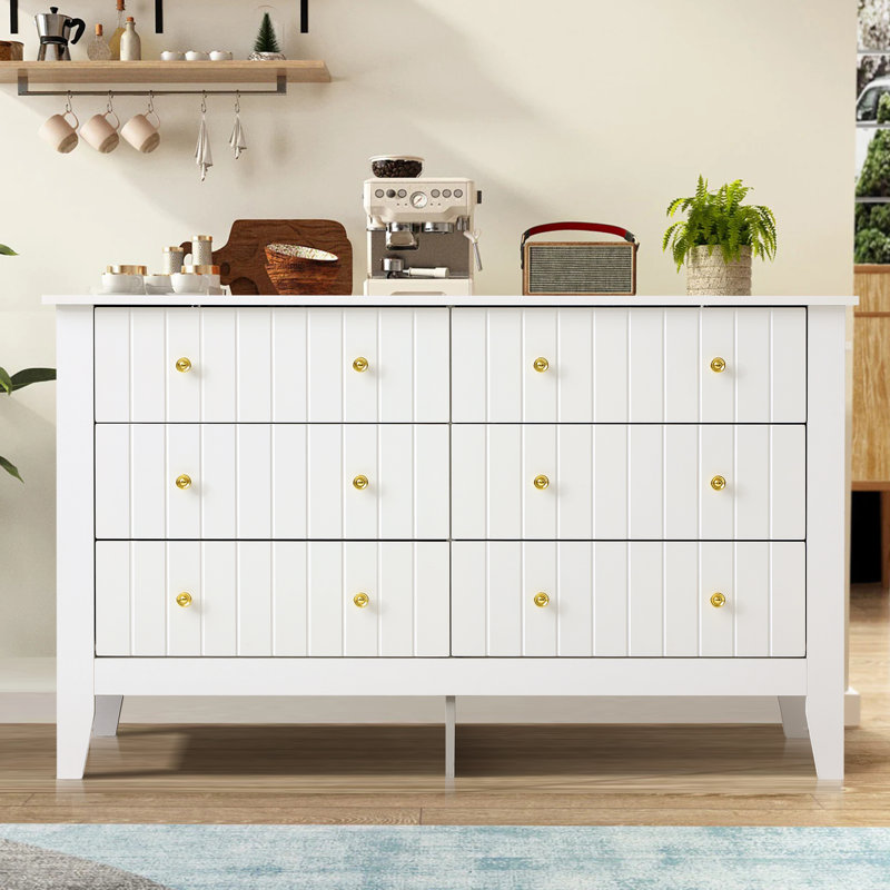 6 Drawer White Dresser for Bedroom, 52" Chest of Drawers with Thick Plank Styling,Wooden Double Storage Drawer Organizer
