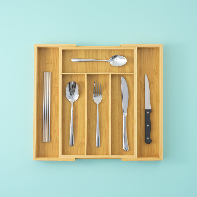JoyJolt Bamboo Expandable Flatware Drawer Organizer for Kitchen Utensils, Brown