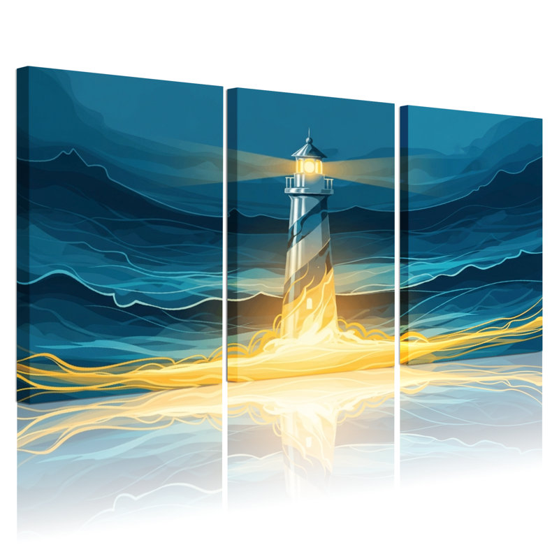 Nautique et plage phare lumineux lumière océan vagues nuit ciel réflexion ensemble de 3 impressions d'art sur toile
