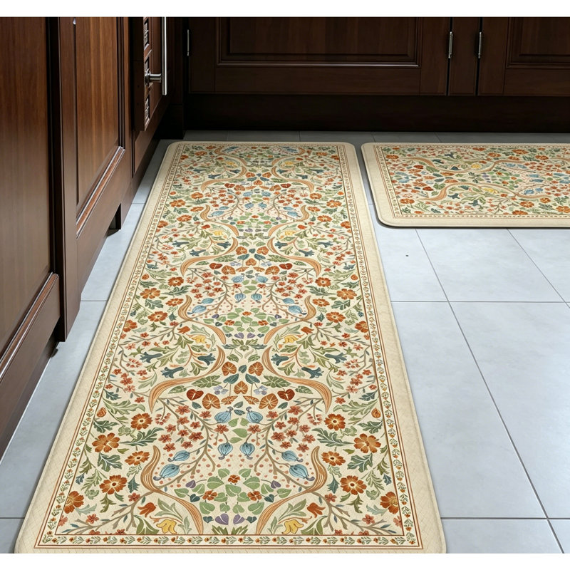 Tapis de cuisine pour cuisine, paquet de 2, floral rétro antidérapant, Beige