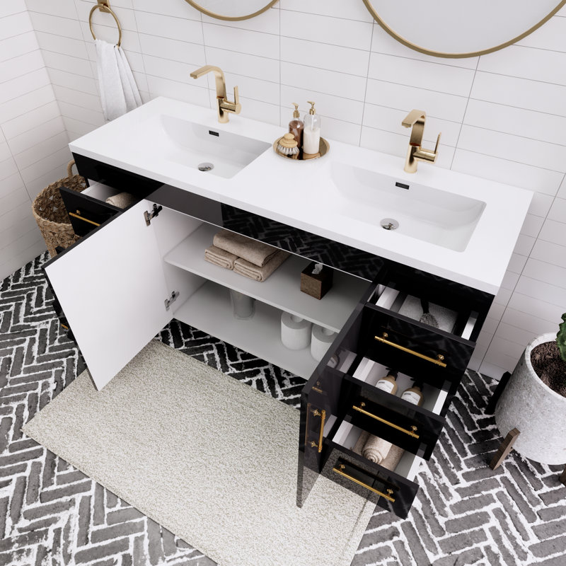 Spring 60" Double Sink Bathroom Vanity, Gloss Black