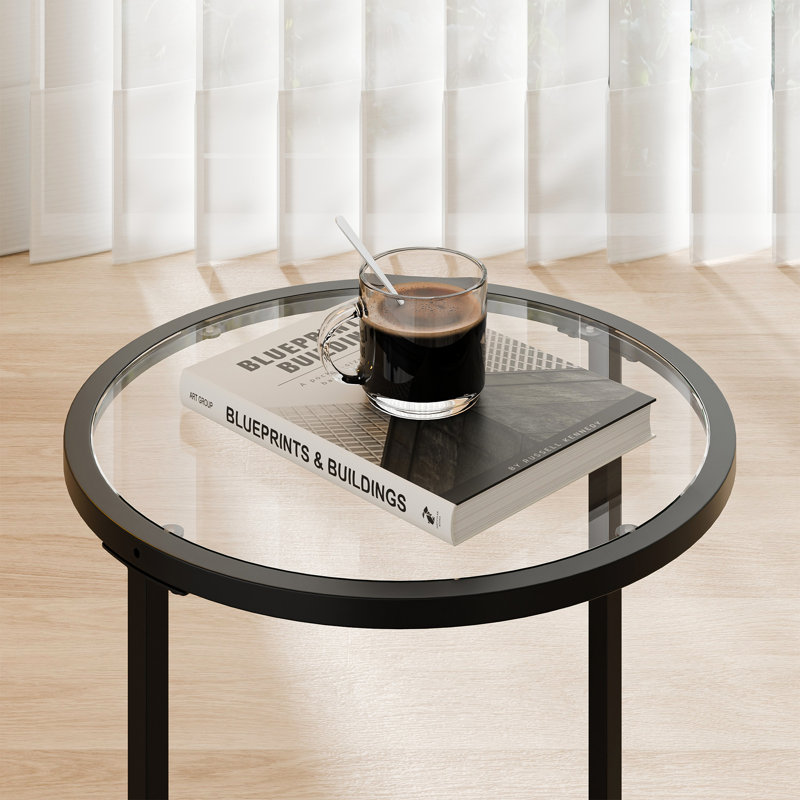 Glass Top End Table Set With Metal Frame, Black