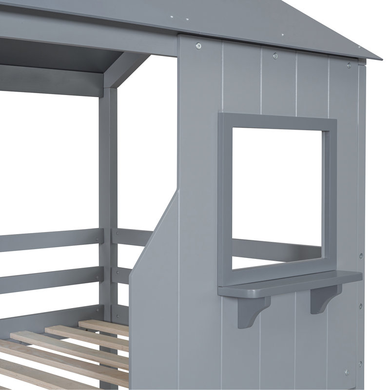 Lit simple superposé au-dessus gris - Économie d'espace et bois massif pratique avec garde-corps, Gris