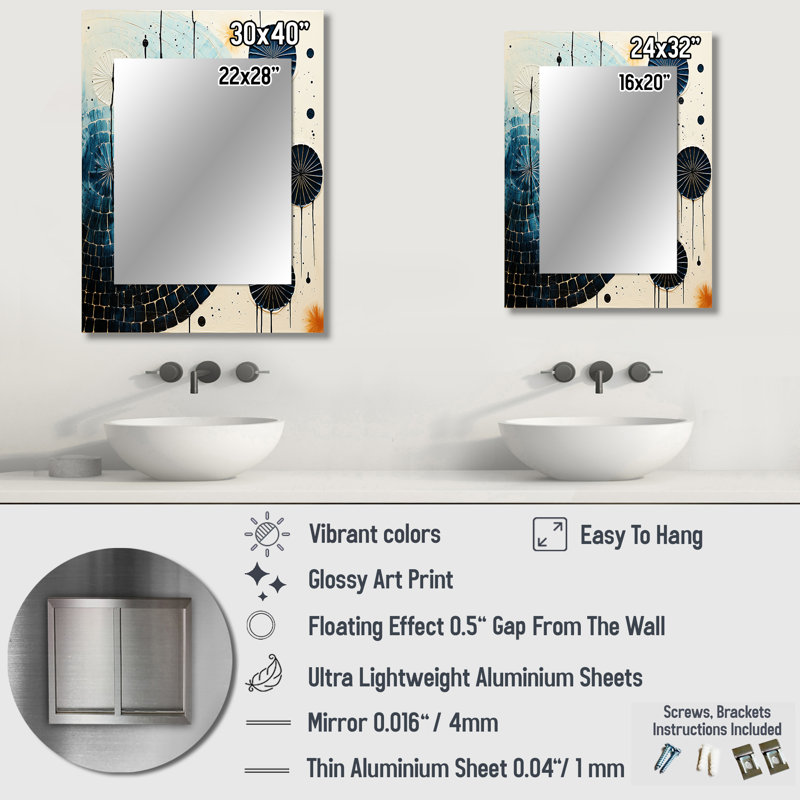Bleu sarcelle jaune Mid Century Minimalist Rain III - miroir minimaliste, miroir mural moderne unique, impression d'art en métal