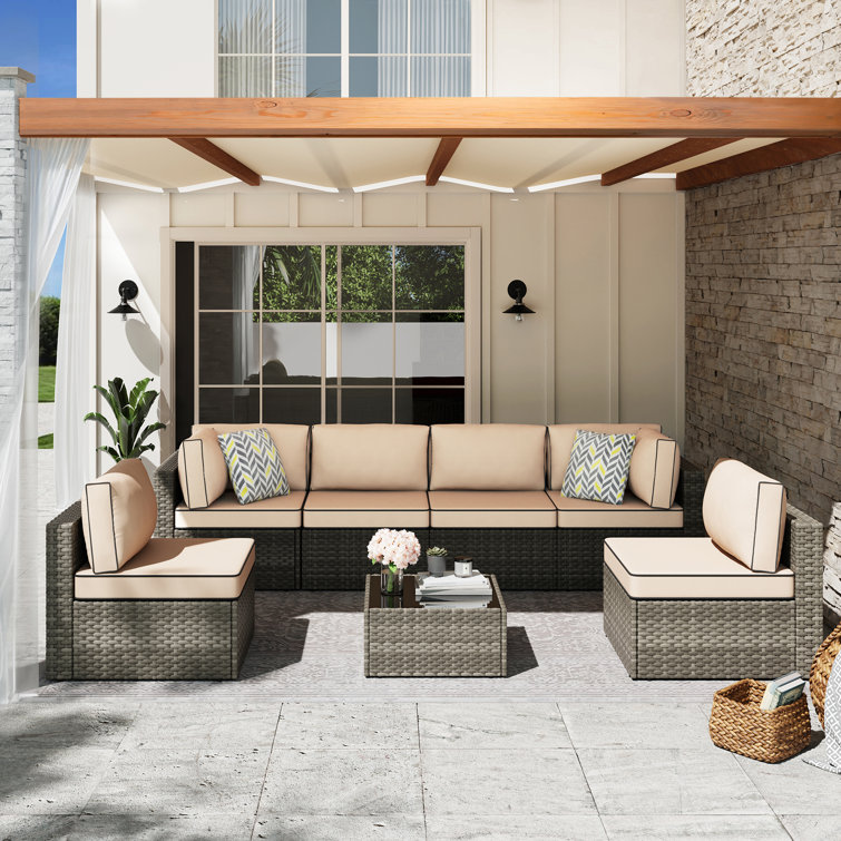 6 - Person Outdoor Rattan Patio Set with Cushions