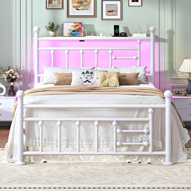 Metal Platform Bed Frame with Built-in Charging Station & LED Lights, Vintage Style Headboard and Footboard, White, Queen