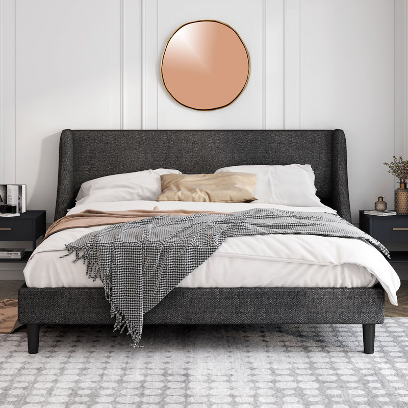Lit plateforme tapissier Toderick avec aile de luxe et mélange de lin, Très grand, Gris foncé