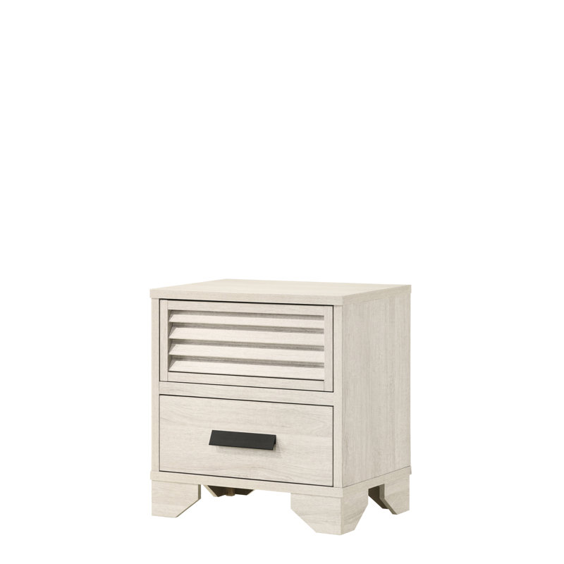 Table de chevet contemporaine pour chambre à coucher, 2 tiroirs, conception à persiennes, quincaillerie à poignée, finition beige, 22,3 po x 16,5 po, 23,7 po, une unité, assemblage sans style 2, Essentiel de chambre à coucher, pièce unique,
