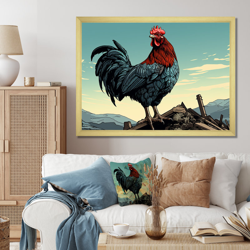 Coq à la ferme, lever de soleil, Cadre doré à coins fermés, H 24 po x l 32 po x P 1 po