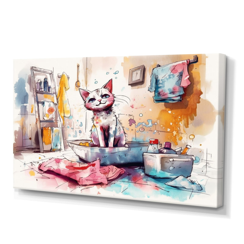 Chat coloré dans la salle de bain - animaux, art mural pour salle de bain, H 24 po x l 32 po x P 1 po