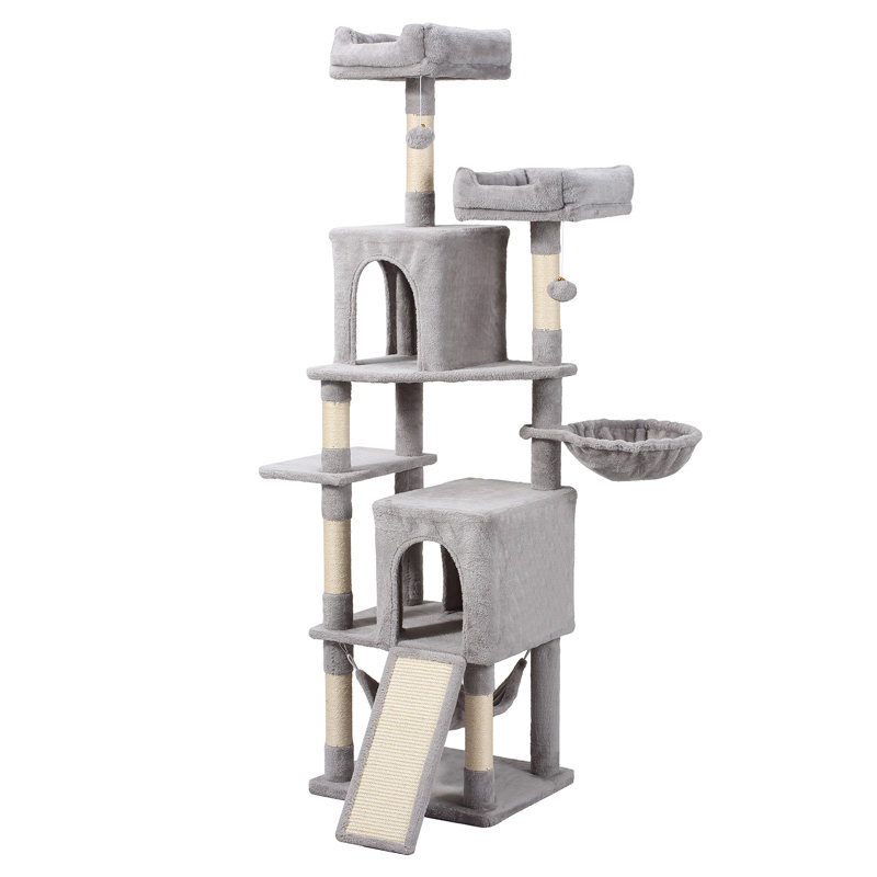 70" H Cat Tree Tower with Hammock, Scratching Post, Condo and Multi-Level Cat Tower, Light Grey