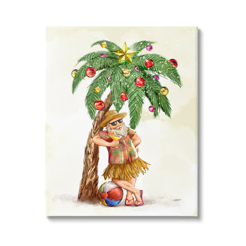 «Tropical», père Noël, palmier allongé ornement noir, estampe numérique encadrée, art texturé par Ziwei Li, Toile tendue