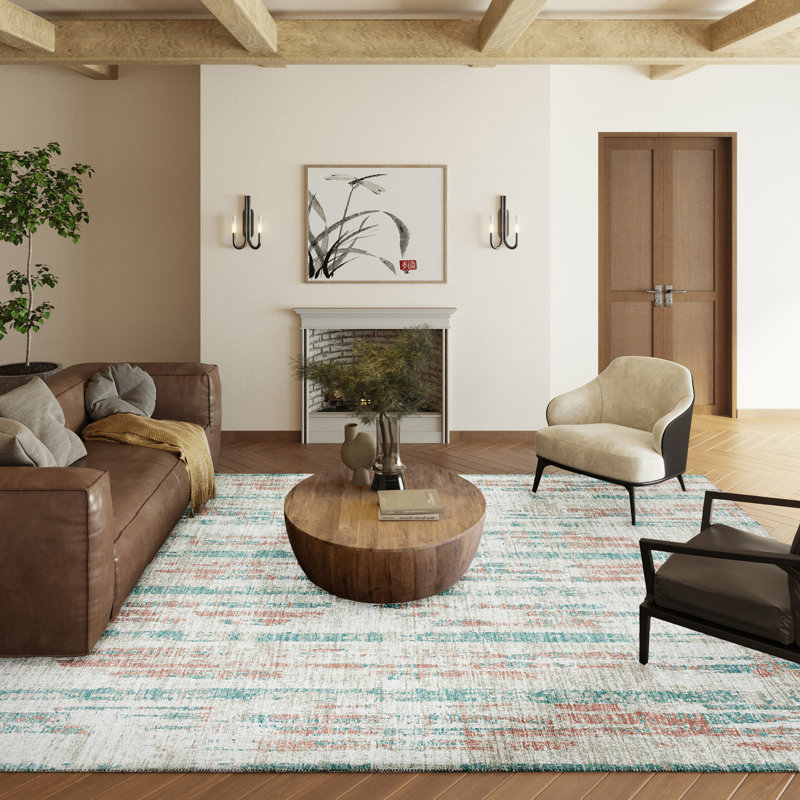 Ivory and Teal Flat Woven Chenille 5' x 7' Area Rug