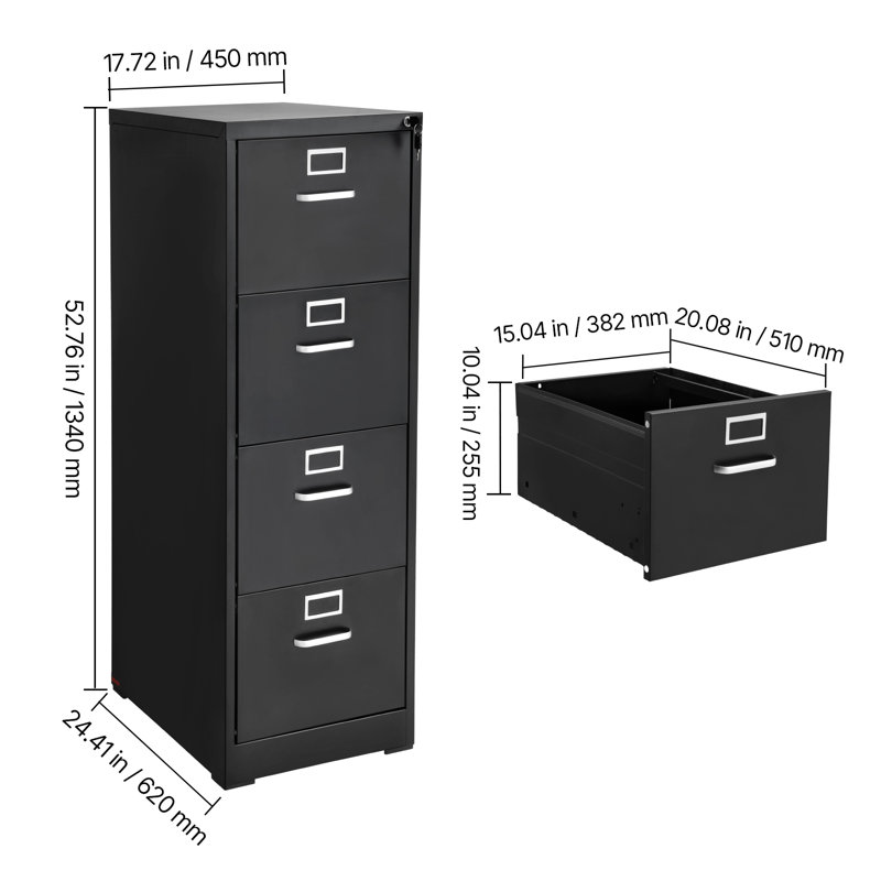 4 Drawer File Cabinet with Lock, Metal Vertical Filing Storage Cabinets for Home Office, Heavy-Duty Cabinet with Detachable Hanging Rod, for A4/Letter/Legal Size File, Easy Assembly (Black)