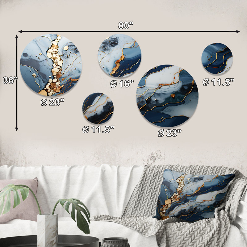 Bleu et or Marble River II - ensemble d'art mural rond en marbre de 5