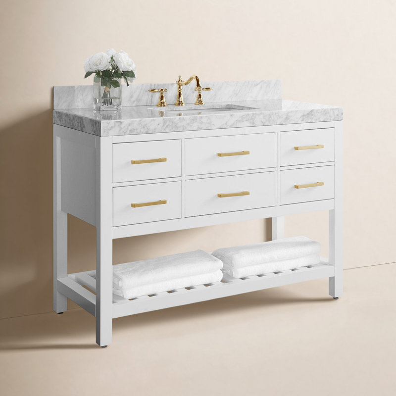 Ensemble de meuble-lavabo simple 48 po Carrie, Blanc/or brossé, Marbre blanc de Carrare