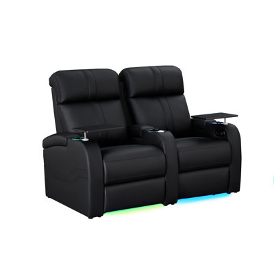 Mizpah Genuine Leather Power Reclining Home Theater Seating With Led Ambient Lighting & Zero Gravity Comfort