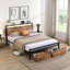 Structure de lit double / grand avec tiroirs de rangement, station de charge USB, tête de lit à DEL et pieds de support en métal, finition brune-284509230