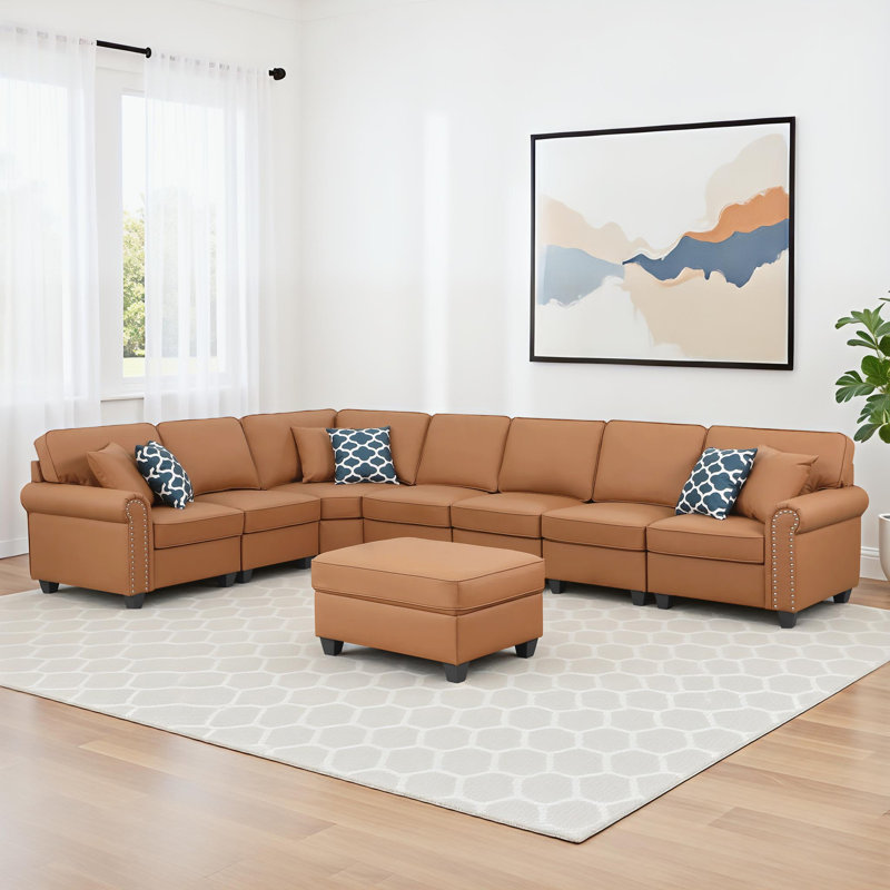 Bouke Artificial Leather Modular Sectional With Ottoman, Brown Faux Leather