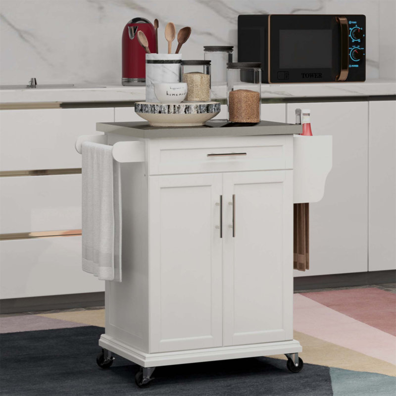 Îlot de cuisine sur roulettes avec comptoir en acier inoxydable, tiroir, porte-serviettes et support à épices pour une utilité et un rangement améliorés