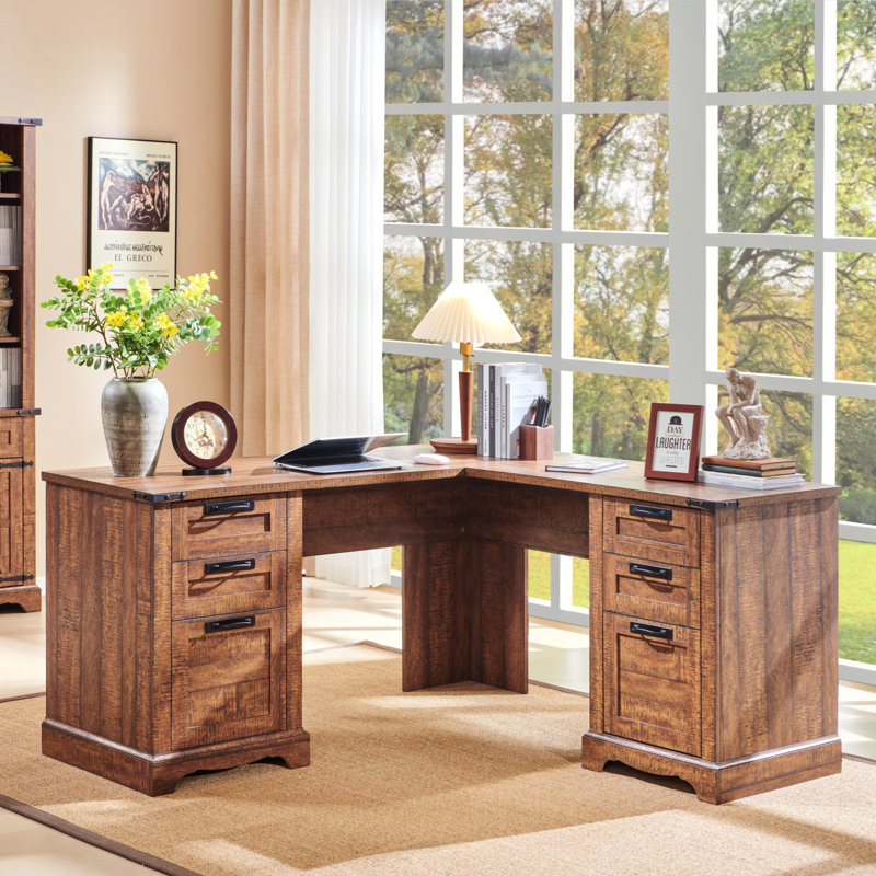 Dhevan 60'' W L-Shaped Executive Desk with Charging Station, Reclaimed Barnwood