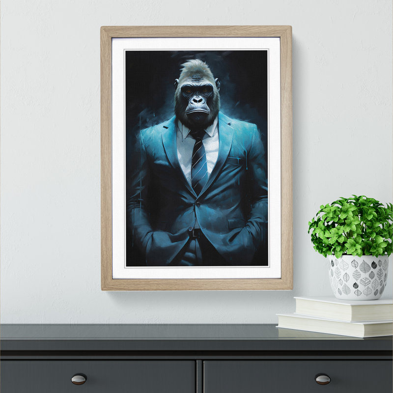 Gorilla In A Suit Painting No.7 - Single Picture Frame Print on Wood, Oak, 34cm H x 25cm W x 2cm D