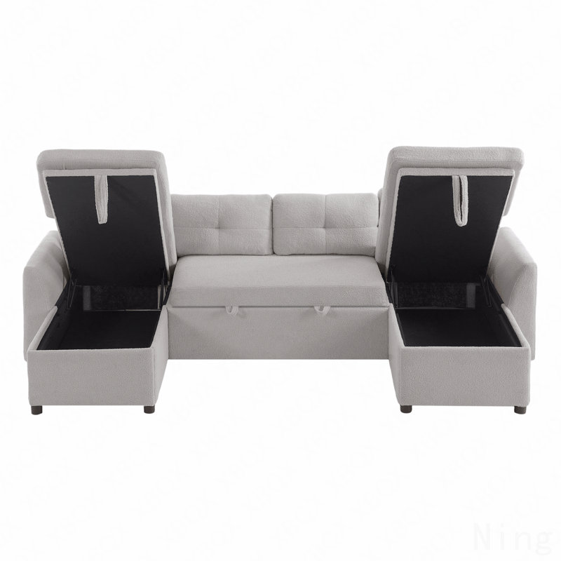 Xylo 107" Contemporary U-Shaped Sectional Sofa Bed With Teddy-Fabric Upholstery And Dual Chaise Storage, Gray