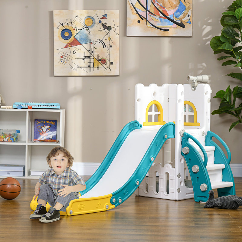 AIYAPLAY Kids Slide 5 in 1 Toddler Slide Basketball Hoop 1-3 Years Yellow