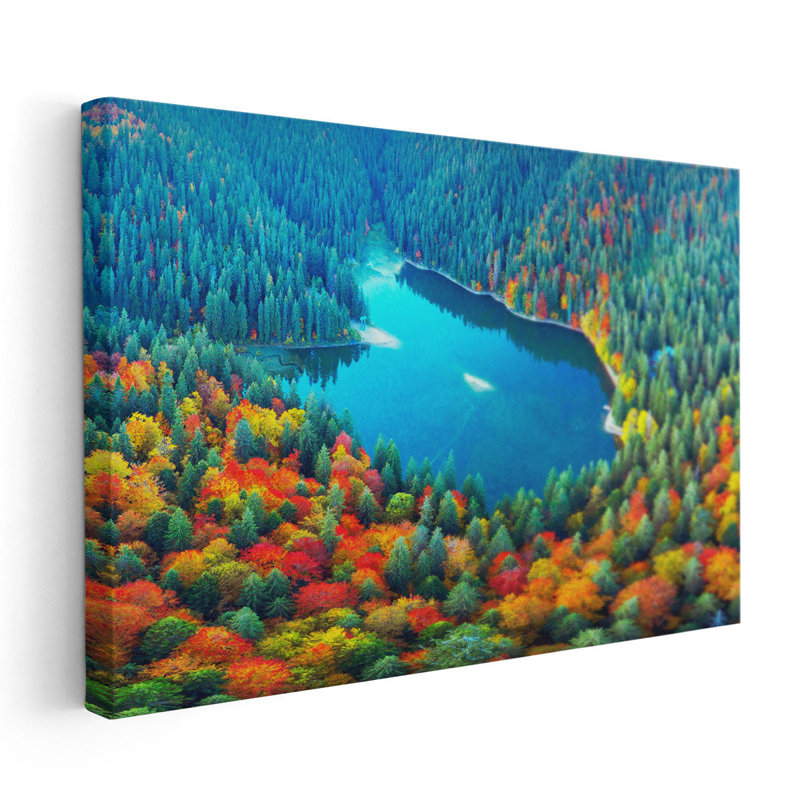 «Scenic Lake», art mural moderne sur toile à motif floral, paysage forestier pour le salon | Le lac Synevyr en Ukraine