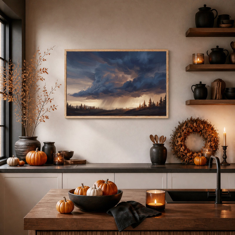 «Dark Storm Clouds And Rain Over Silhouetted Pine», art mural sur toile, H 36 po x l 48 po