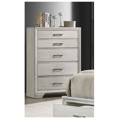 Commode contemporaine 5 tiroirs en bois massif au fini blanc antique
