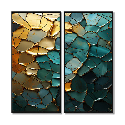 Abstrait bleu sarcelle or calcaire cristallin - art mural grand marbre, impression sur toile abstraite bleu sarcelle 2 panneaux