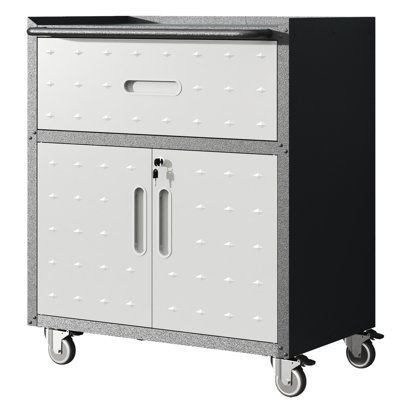 Heavy-Duty Metal Garage Cabinet On Wheels With Drawer - 35.66"H X 29.09"W 16.94"D, 2 Lockable Doors, Black And Gray, Tool Storage For 16.94"D 35.66"H, 1 Drawer, Rolling Cabinet, Gray