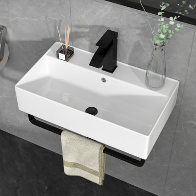 21"L x 12"W Wall Mount Bathroom Sink Ceramic Rectangular Console Bathroom vessel Sink with Basin Faucet and Bracket Base