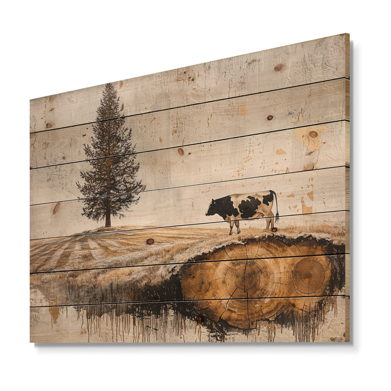 Vache dans un paysage de ferme audacieux II - Art mural en bois de ferme - sur bois de pin naturel, H 34 po x l 44 po