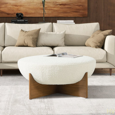 Bali 37" Round Upholste Cocktail Ottoman With  Wood Base,   Boucle