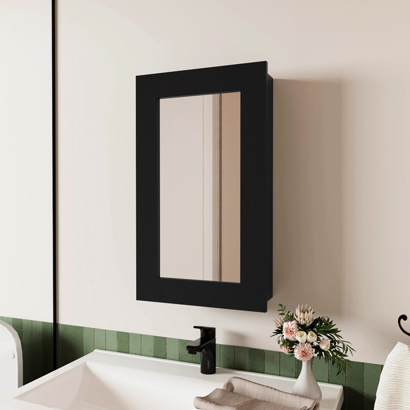 Armoire moderne noire pour la salle de bain avec miroir inclus et 3 zones de rangement, Noir