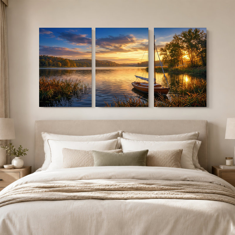 Voilier en bois sur un lac au coucher du soleil doré, ensemble de 3 toiles, H 24 po x l 16 po x 3 pièces