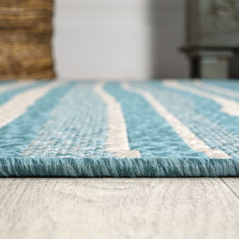 Tapis rayé turquoise / crème intérieur / extérieur Raygoza, Rectangle 3 pi 11 po x 6 pi