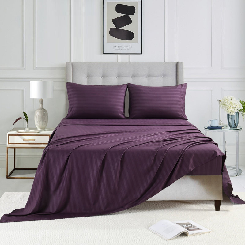 3/4 Pcs Luxury Striped Bed Sheets Set, Twin Sheet Set with 1 Pillowcase, Purple