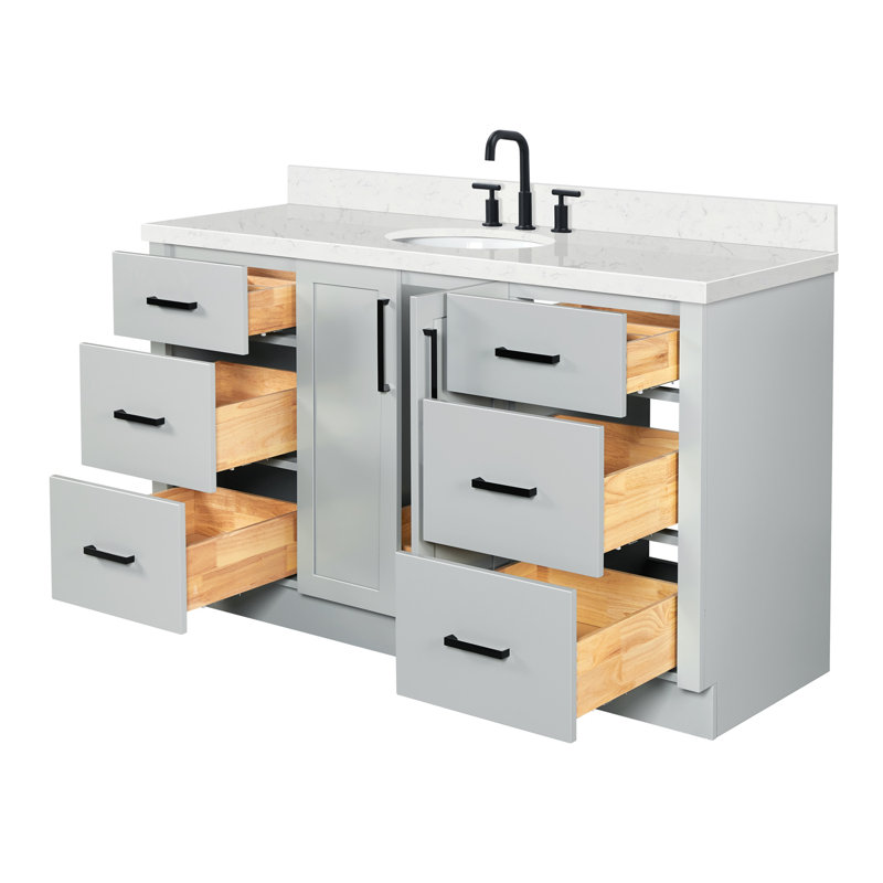Meuble-lavabo ovale simple de 60 pouces avec comptoir en quartz blanc de Carrare de 1,5 pouce d'épaisseur, finition grise.