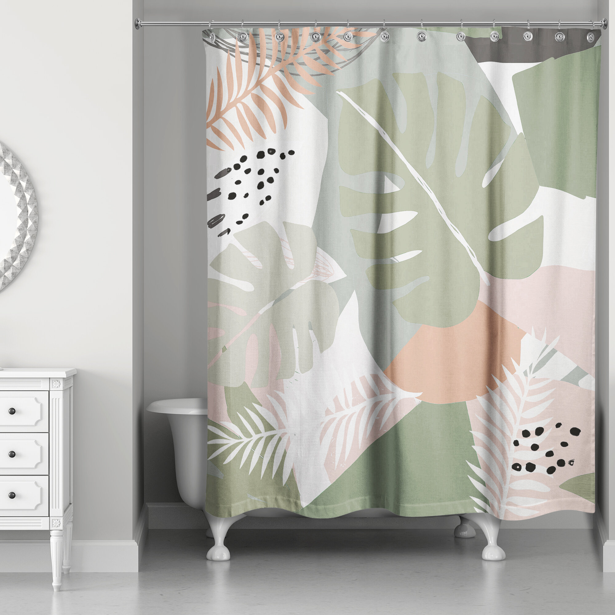 Sage Green Tropical Plant Monstera Pink Shower Curtain Bathroom Accessories  Set