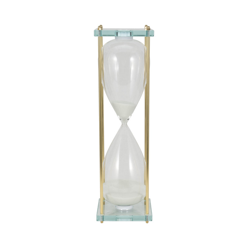 Decorative Hourglass Sculpture Object for Home Decor - Timepiece Metal Statue with Glass Frame for Table or Living Room Decoration - White