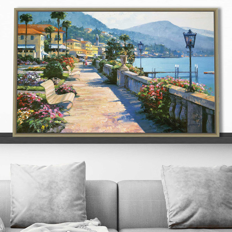 Bellagio Promenade par - Peinture, Reproduction avec cadre flottant, H 31,5 po x l 51,5 po, Champagne