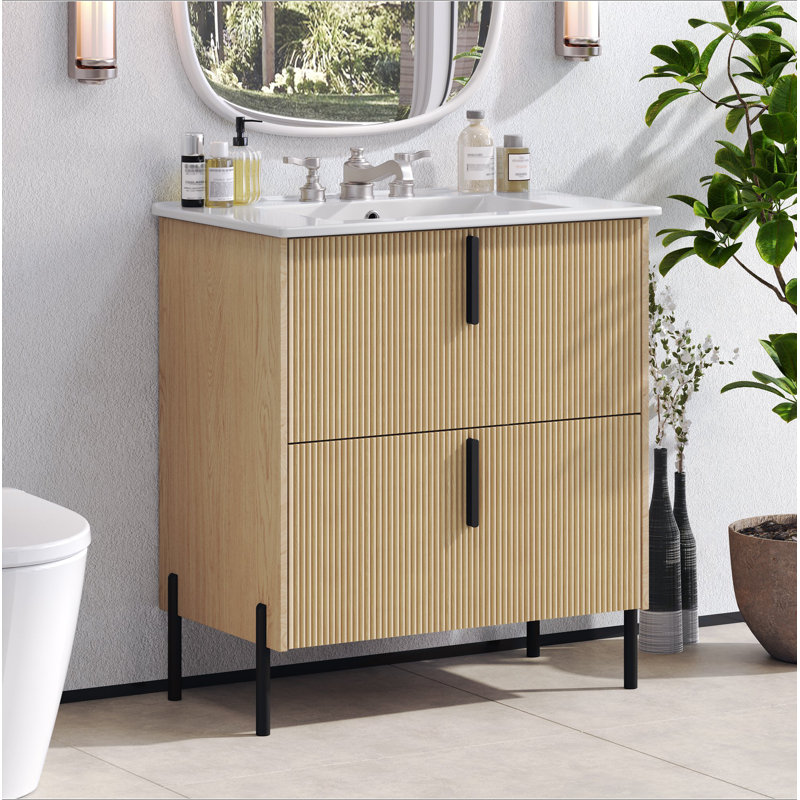 Meuble-lavabo de 30 po avec lavabo en céramique et tiroirs pleine extension, glissières de tiroir à fermeture en douceur, conception cannelée