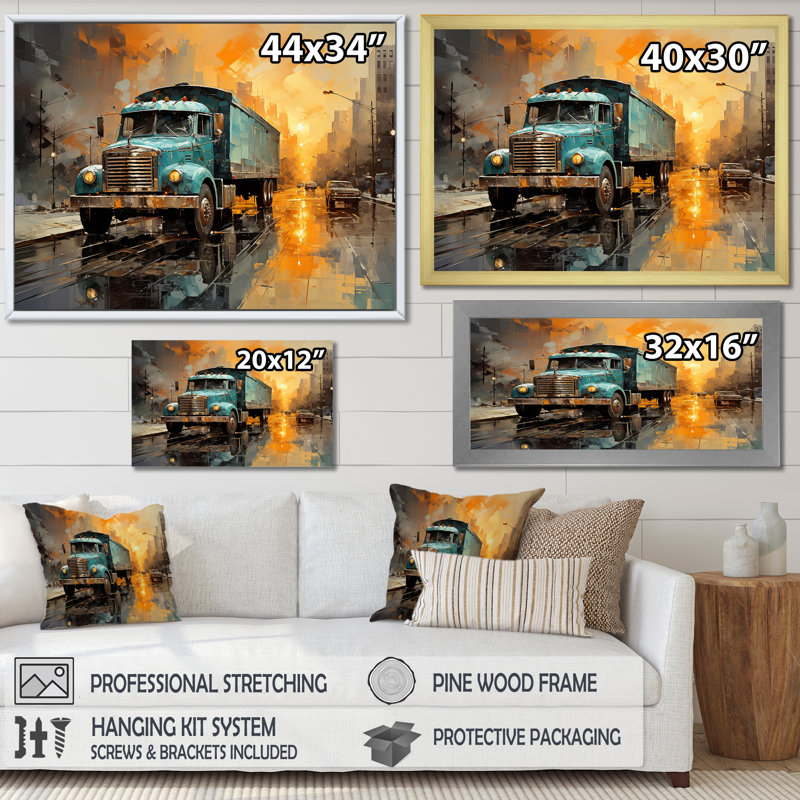 Camion de livraison brun I, années 30, sur toile, H 34 po x l 44 po x P 1,5 po, Cadre flottant noir