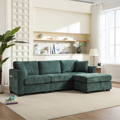 Modern Storage Sofa with Dual USB,2 Side Pockets,Ottoman Storage Bench Cloud Sectional Chenille Sofa Oversized,4-Seat,L-Shaped Couch,Green