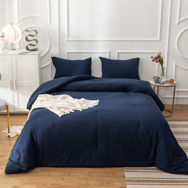 Solid Color Comforter Dark Color 3 PCs Bedding Set Deep Color Bed Comforter Set, Navy
